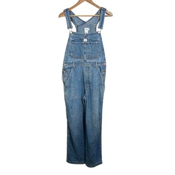 VTG Calvin Klein Denim Overalls Womens M Blue Distressed Carpenter Paint Cotton - Picture 1 of 15